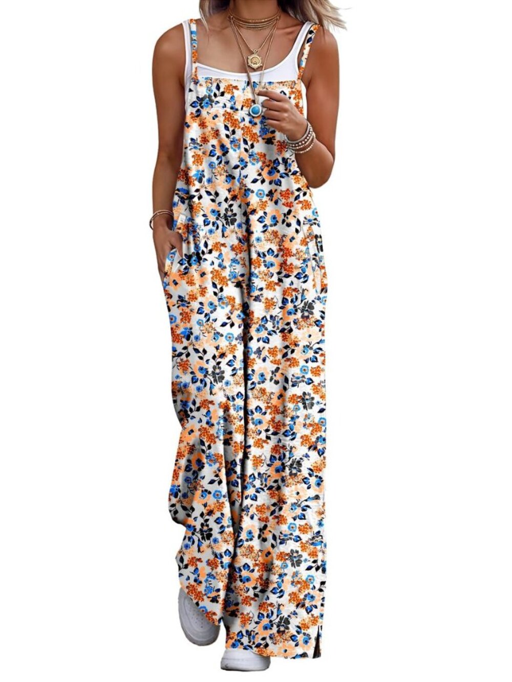 Women's Summer Boho Cotton Casual Jumpsuits Wide Leg Overalls Floral Print Baggy